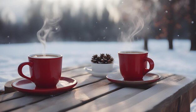 two red cups of coffee and a pine cone on a table