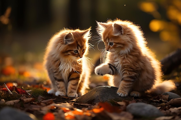 Two red cute fluffy kittens playing in the autumn forest on a sunny day