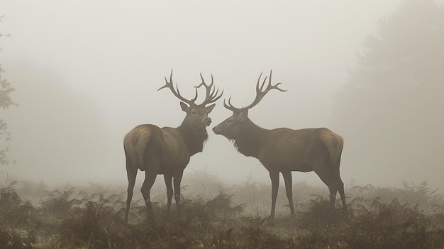 Photo two red deer in the mist cervus elaphus