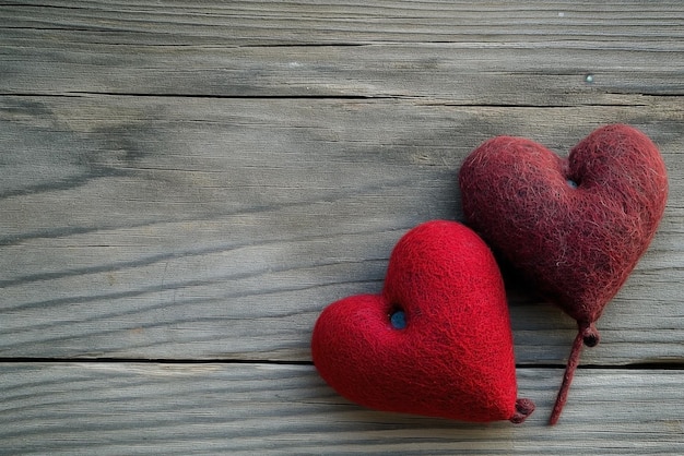Фото Два красных сердца лежали на деревянном фоне, разбитое сердце, любовь навсегда, свадебная концепция.
