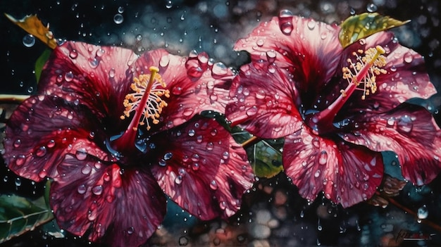 雨の中で水滴がついた2つの赤い花の生成ai