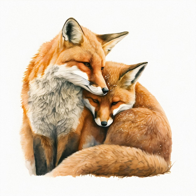 Two red foxes in love hug Valentine's day and all lovers isolate Drawing for a book postcard print Watercolor illustration