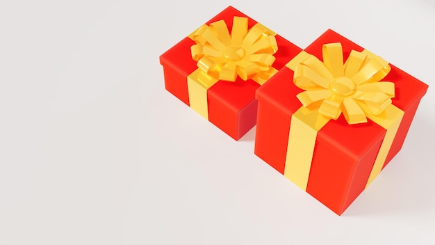 Two red gifts with yellow ribbon and bow on white stage celebration theme 3d illustration