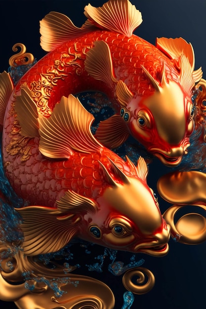 Two red and gold koi fish swimming in the water generative ai