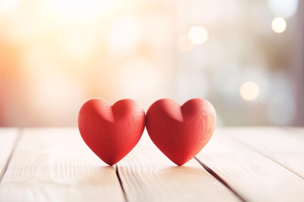 두 개의 빨간 심장이 나무 테이블에 배치됩니다. 나무 바탕에 두 개의 심장이 발렌타인 데이의 심장입니다.