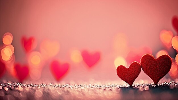 Two red hearts are sitting on a pink background