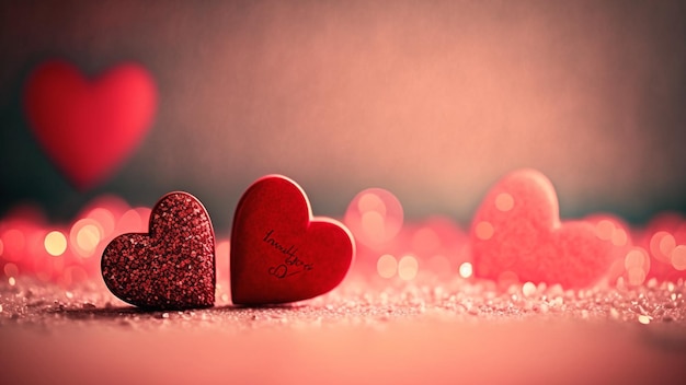 Two red hearts are sitting on a pink background