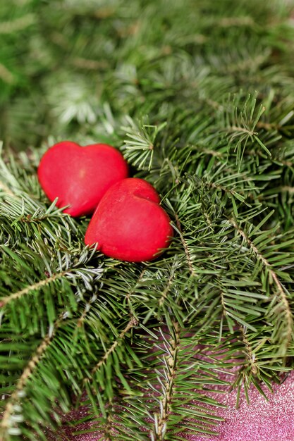 Two red hearts on background of fir branches.