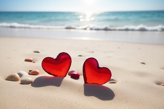 해변에 있는 두 개의  ⁇ 은 심장이 사랑을 상징합니다. 발렌타인 데이 로맨틱 커플. 배경에는 평온한 바다입니다.