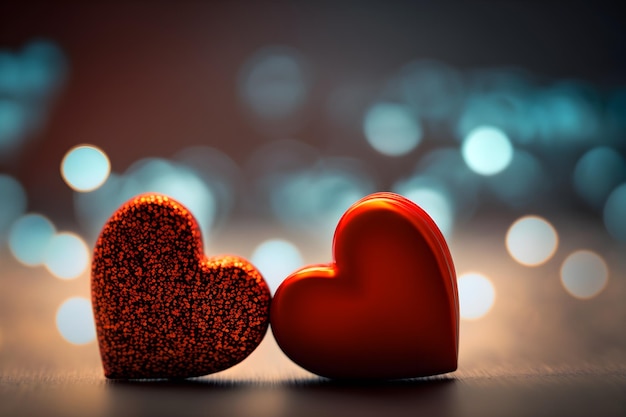 Two red hearts on bokeh background