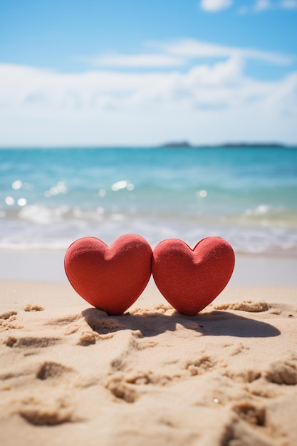 two red hearts on the sand against the background of the ocean on a sunny day