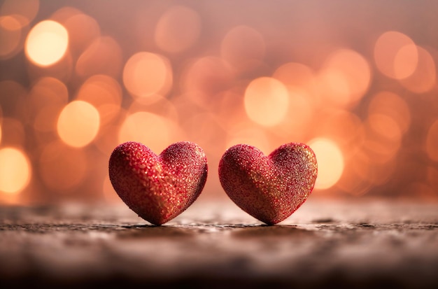 Two red hearts standing on top of bokeh