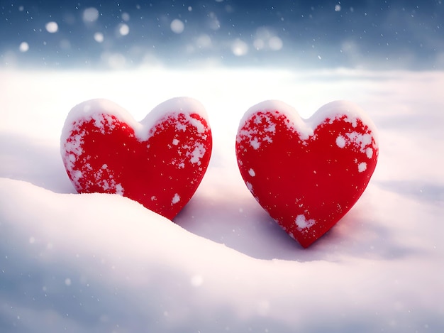 Foto due cuori rossi sulla neve bianca tra le nevicate un simbolo di amore generazione di ai