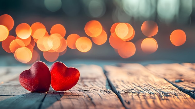 Two red hearts on the wooden background with bokeh Copy space