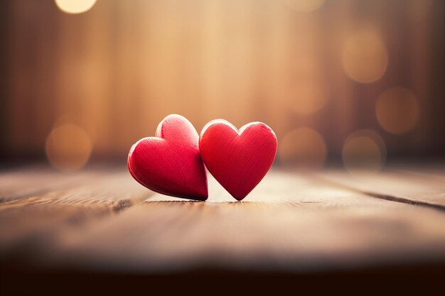 Two red hearts on a wooden table with a blurred background