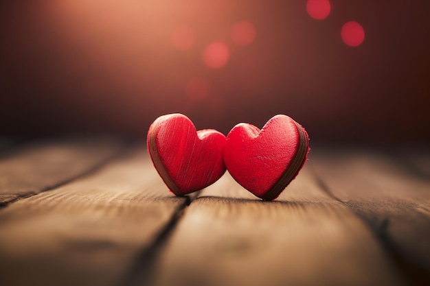 Two red hearts on a wooden table with a bokeh background