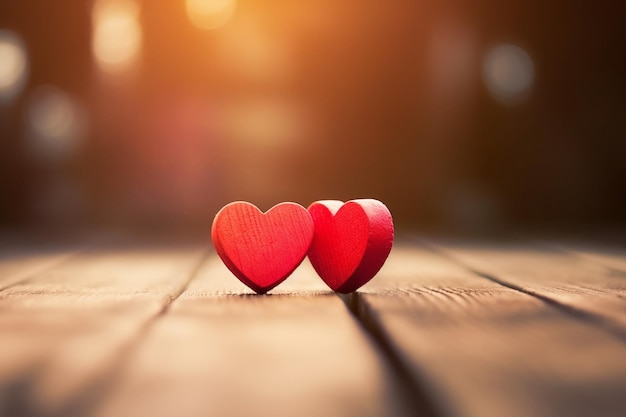 Two red hearts on a wooden table with the word love on the top