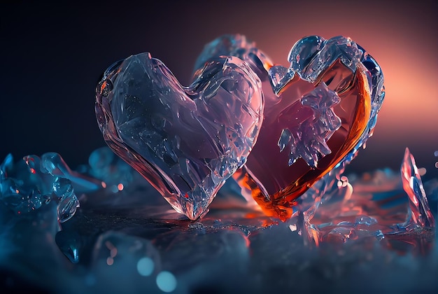 Два красных кубика льда в форме сердца стоят рядом на синем фоне