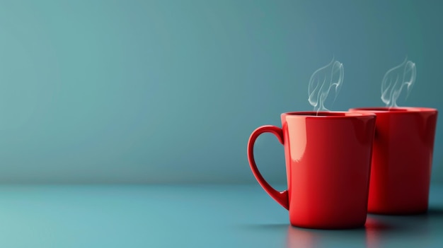 Two red mugs with steam rising represent companionship and warmth on a cyan backdrop