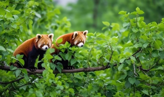 Two red pandas are sitting on a branch in a tree.