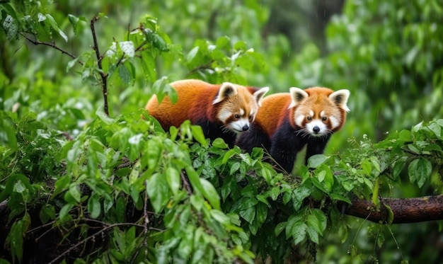 Two red pandas are standing in a tree.