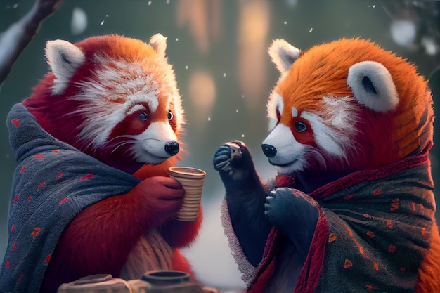 two red pandas drink coffee in winter generative ai generative ai