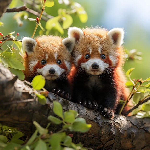 Photo two red pandas sitting on a tree branch