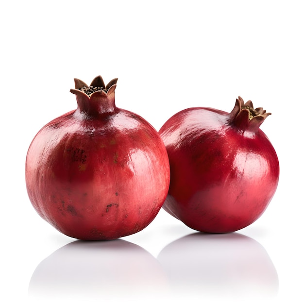 Two red pomegranates are sitting next to each other.