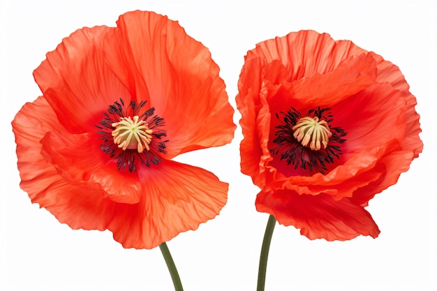 two red poppies are shown in a vase