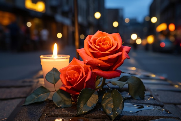 two red roses sit next to a lit candle on the sidewalk