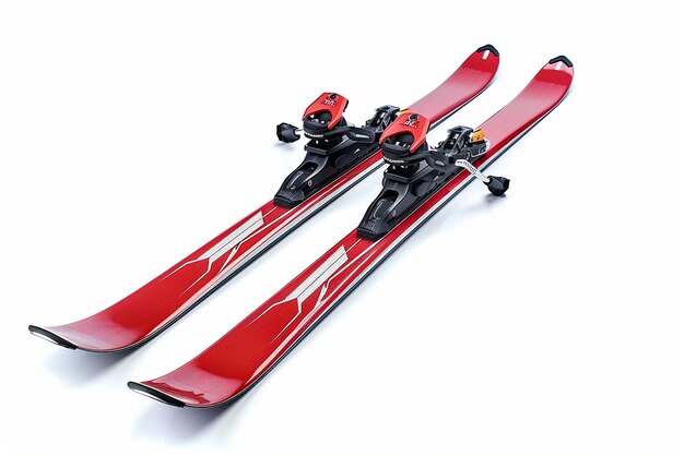 Photo two red skis with the word quot fox quot on the bottom