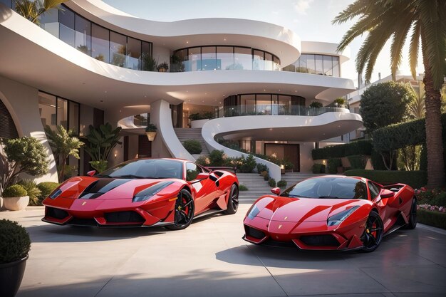 Photo two red sports cars parked in front of a majestic urban building