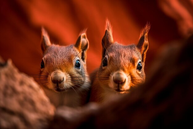 Photo two red squirrels in a brown bag