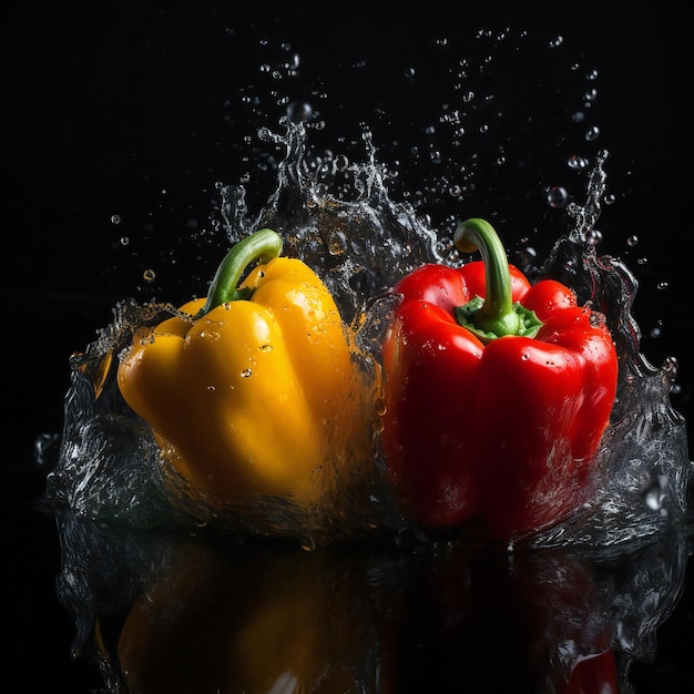 Two red and yellow peppers are being sprayed with water.