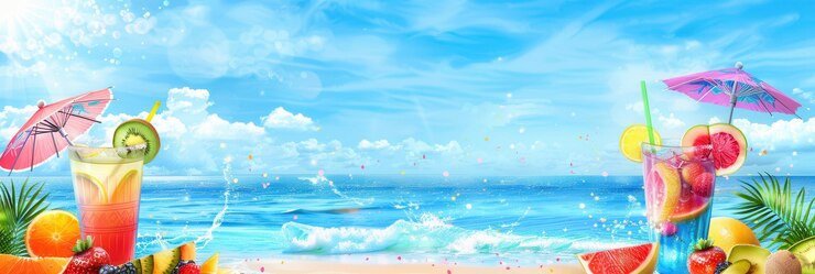 Two refreshing cocktails with fruit garnishes and tiny umbrellas sit on a beach with an ocean backdrop Generative AI