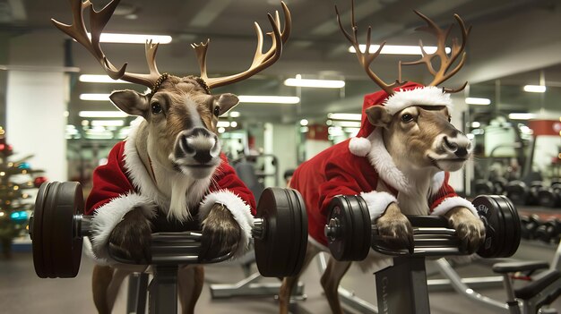 two reindeer are sitting on a barbell with santa hats on