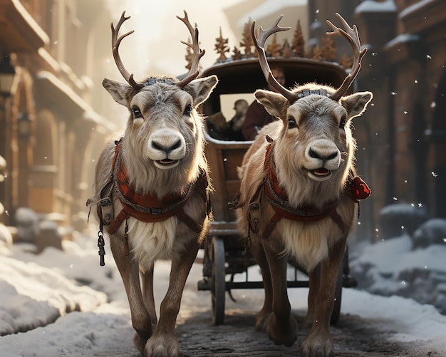 Two reindeer pulling a sleigh in the snow festive winter scene