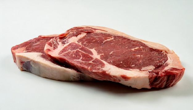 Два реберных стейка один над другим на белом фоне сырое говядино мясо