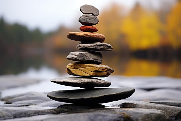 Photo two rings balanced on a stacked stone cairn