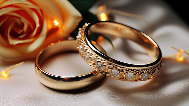 two rings with a rose and a rose in the background