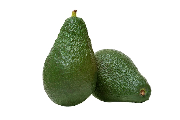 Two ripe avocados on white background