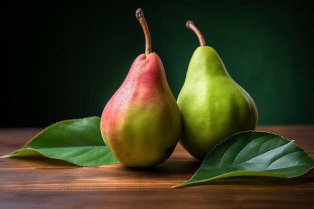 Two ripe green pears with leaves placed on a wooden pink board