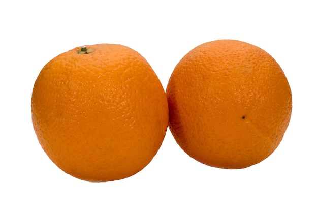 Two ripe oranges on a white background