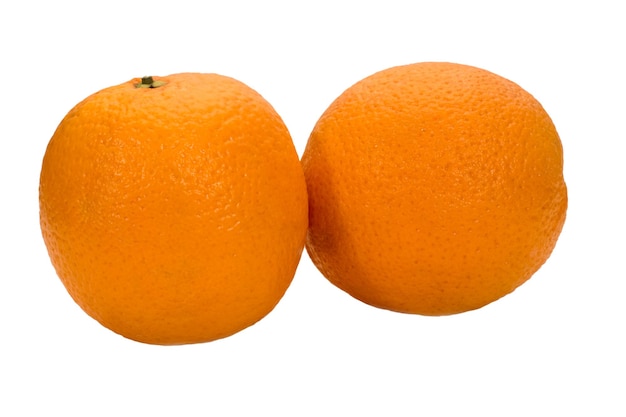 Two ripe oranges on a white background