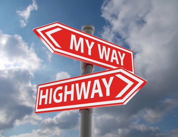 Photo two road signs - my way or the highway choice