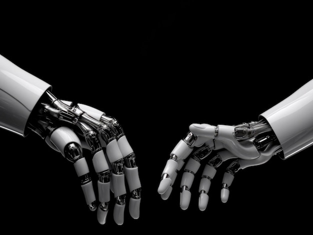 two robotic hands one metallic one matte in a symbolic handshake on a stark black background