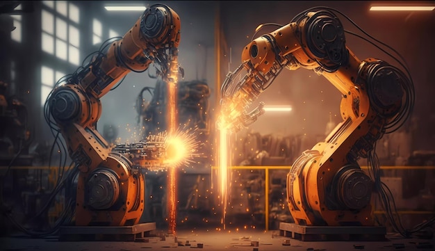 Two robots are fighting over a piece of metal.