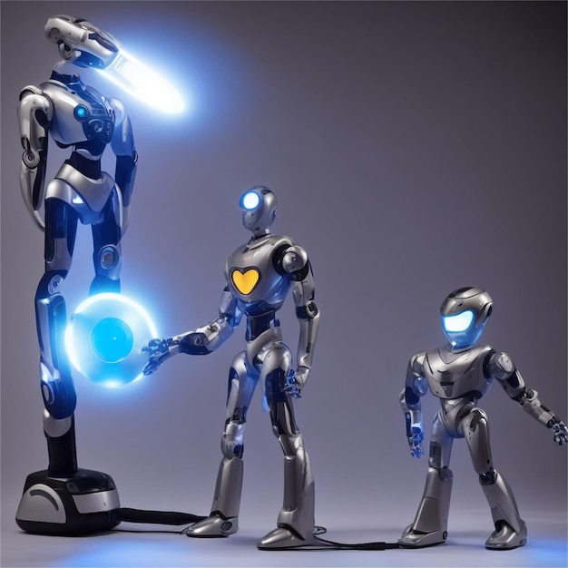 two robots are shown with one being held up by one another.