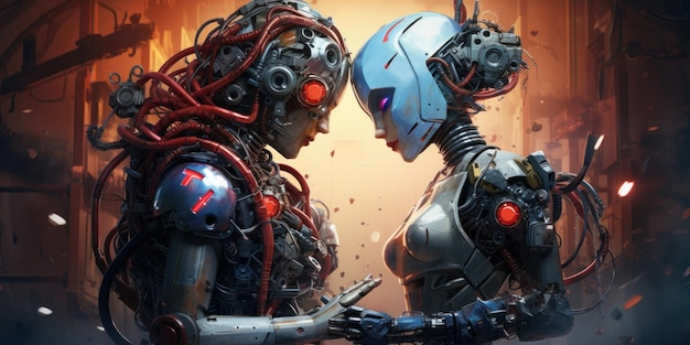 Два робота стоят рядом друг с другом с красными глазами.