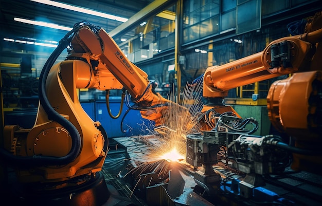 Two robots are working on a machine with the word robot on the side.